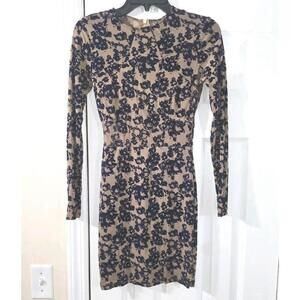 Windsor Dress Beige Navy Nude Illusion Floral Crew Neck Long Sleeve SMALL